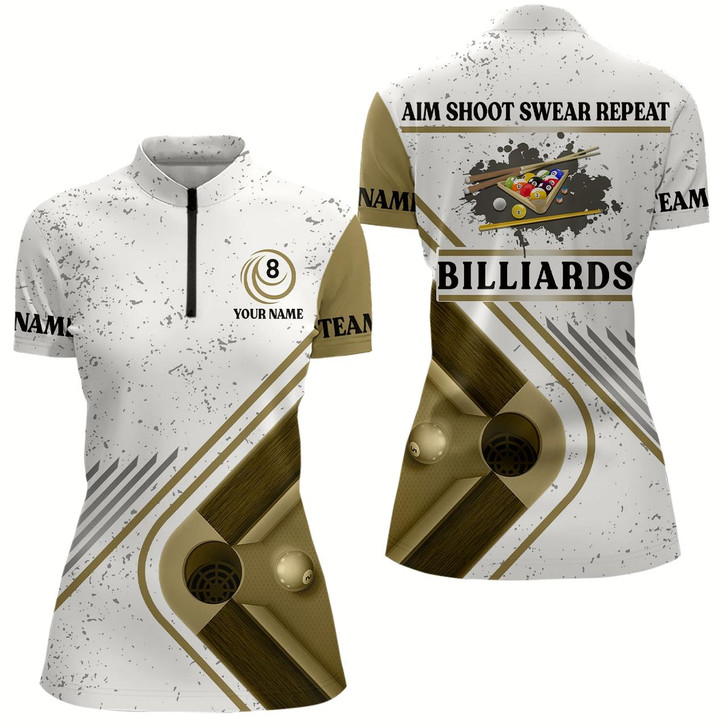 Goofygearprints Billiards Aim Shoot Swear Repeat Custom Billiard White Grunge Quarter-Zip Shirts For Women