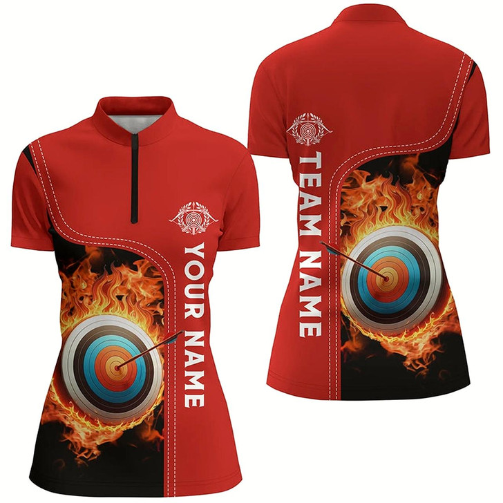 Goofygearprints Personalized Black Red Flaming Target Archery 3D Quarter-Zip Shirts For Women, Archery Team Jerseys