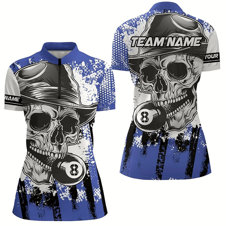 Goofygearprints Blue Billiard Skull Holding 8 Ball Women Quarter-Zip Shirts Custom Billiard Jersey Attire