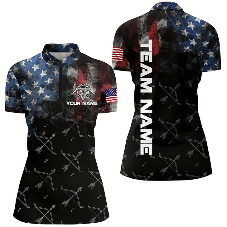 Goofygearprints Personalized Vintage Smoke Us Flag Archery 3D Quarter-Zip Shirts For Women, Archery Bows Jerseys