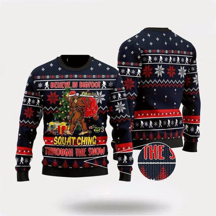 Goofygearprints Bigfoot Squats Through The Snow Ugly Christmas Sweater For Men, Best Gift For Christmas, Christmas Fashion Winter