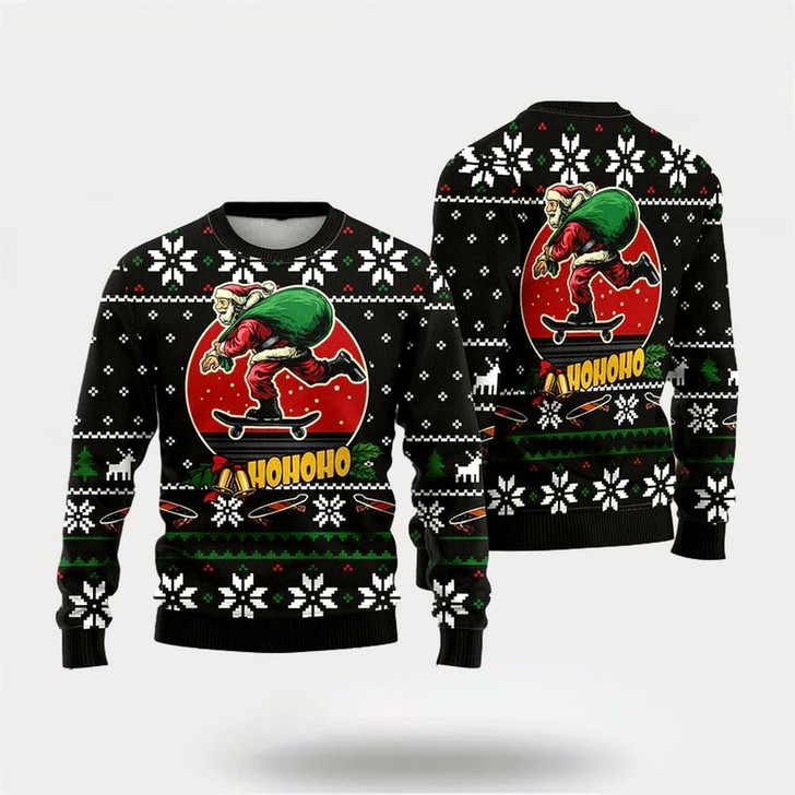 Goofygearprints Santa Claus Skateboard Ugly Christmas Sweater For Men And Women, Best Gift For Christmas, The Beautiful Winter Christmas Outfit