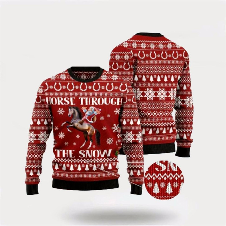 Goofygearprints Santa Claus Horse Through The Snow Red Ugly Christmas Sweater For Men And Women, Best Gift For Christmas, The Beautiful Winter Christmas Outfit