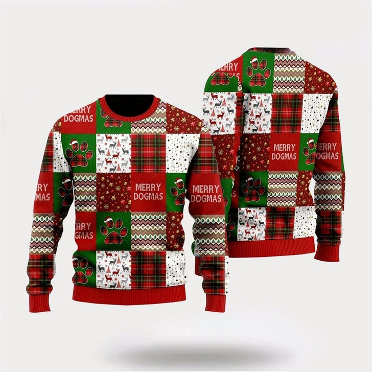 Goofygearprints Merry Dogmas Paws Patchwork Pattern Ugly Christmas Sweater For Men And Women, Gift For Christmas, Best Winter Christmas Outfit