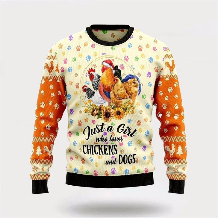 Goofygearprints Just A Girl Who Loves Chickens And Dogs Ugly Christmas Sweater For Men And Women, Gift For Christmas, Best Winter Christmas Outfit