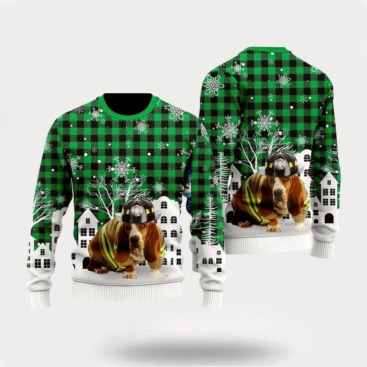 Goofygearprints Basset Hound Costume Firefighter In Christmas City Ugly Christmas Sweater For Men And Women, Gift For Christmas, Best Winter Christmas Outfit