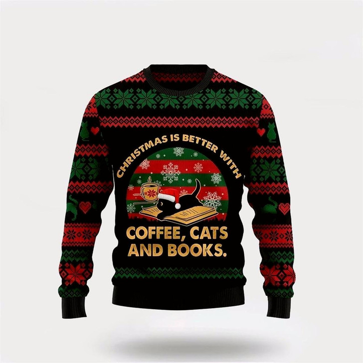 Goofygearprints Christmas Better With Cat And Book Ugly Christmas Sweater For Men And Women, Best Gift For Christmas, Christmas Fashion Winter