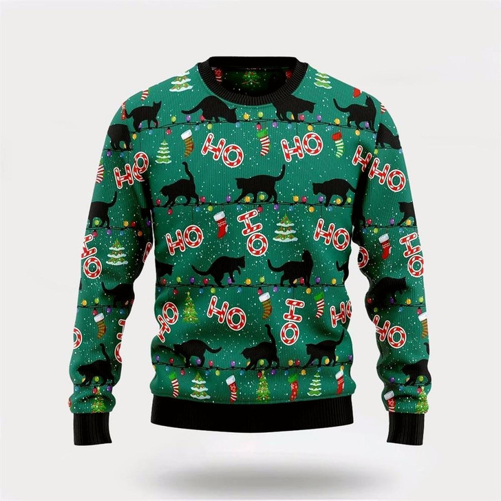 Goofygearprints Black Cat Ho Ho Ho Ugly Christmas Sweater For Men And Women, Best Gift For Christmas, Christmas Fashion Winter
