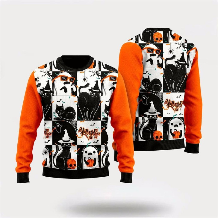 Goofygearprints Black Cat and Ghost Halloween Ugly Christmas Sweater For Men And Women, Best Gift For Christmas, Christmas Fashion Winter