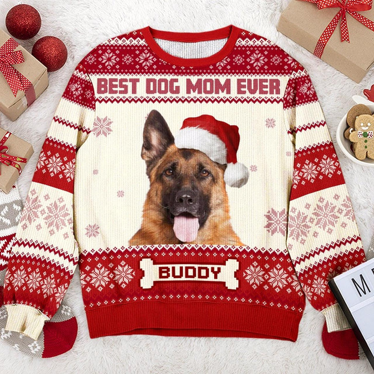 Goofygearprints Custom Photo World's Best Dog Mom - Dog Personalized Custom Ugly Sweatshirt - Unisex Wool Jumper - Christmas Gift For Pet Owners, Pet Lovers