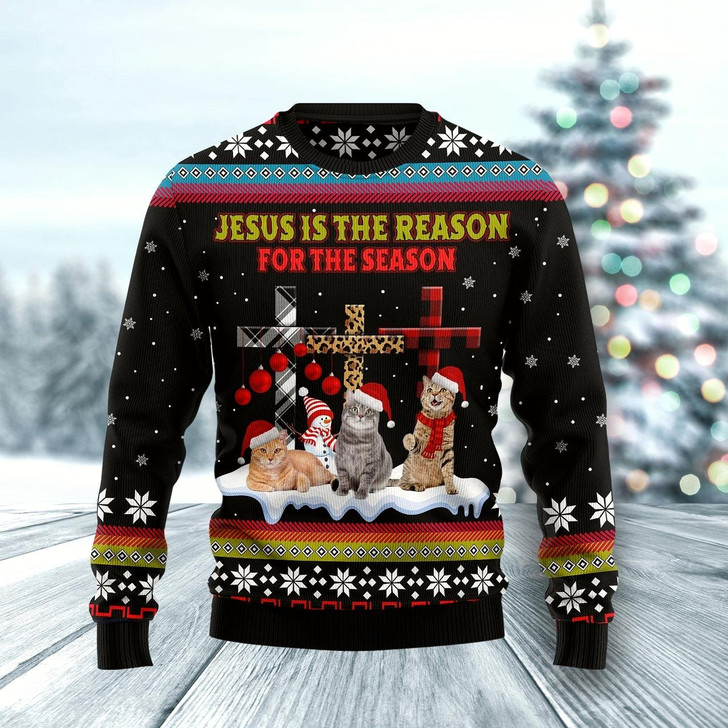 Goofygearprints Jesus Is The Reason For The Season Cat Ugly Christmas Sweater - Christmas Gift For Friends - Jesus Christ Sweater - Christian Shirts Gifts Idea