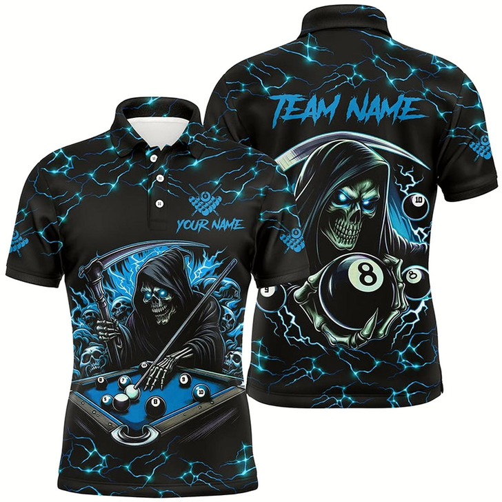 Goofygear Blue Funny Death Skeleton 8 Ball Pool Men Billiard Shirts Custom Name Lightning Billiard Jerseys
