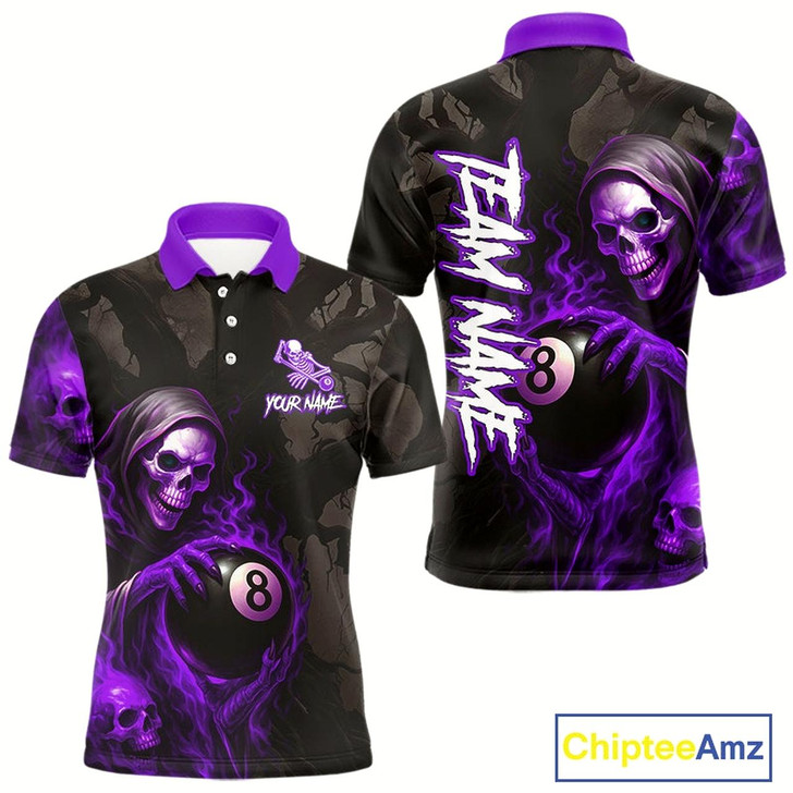 Goofygear Grim Reaper Custom Flame 8 Ball Pool Billiard Shirt For Men, Purple Black Billiard Team Jersey