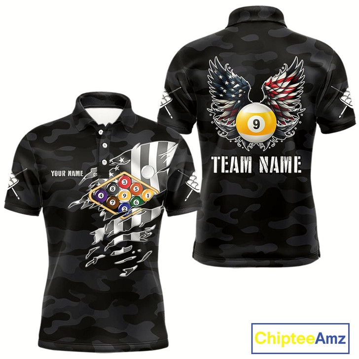 Goofygear Personalized Camouflage Us Flag Billiard Shirt For Men, Funny Patriotic 9 Ball Wings Pool Jersey