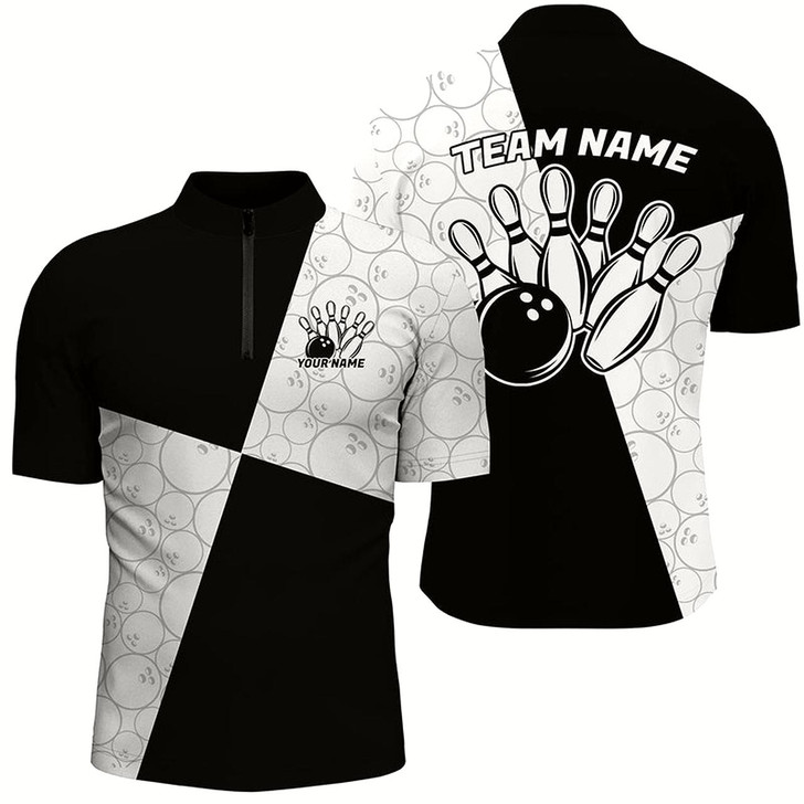 Goofygear Black And White Custom Retro Bowling Shirts For Men, Classic Bowling Team Shirt Bowlers Outfit Style 1