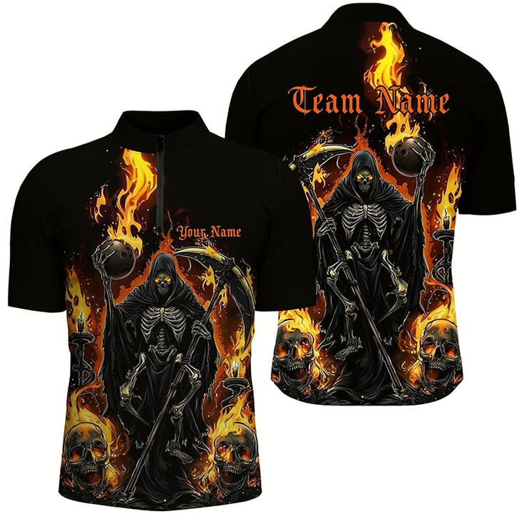 Goofygear Grim Reaper Custom Flame Bowling Shirts For Men, Black And Fiery Halloween Bowling Outfits