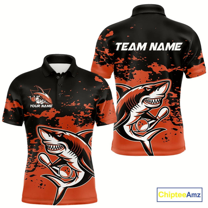 Goofygear Custom Black And Ornage Camo Shark Bowling Team Men Polo Shirts, Bowling Tournament Shirt