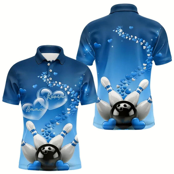 Goofygear Blue Heart Theme Custom Valentines Bowling Polo Shirts For Men, Couple Bowling Shirt