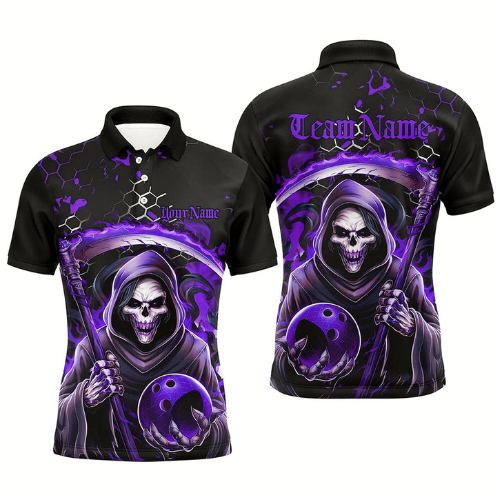 Goofygear Purple And Black Custom Grim Reaper Bowling Polo Shirts For Men, Halloween Skull Bowling Shirt Style 2