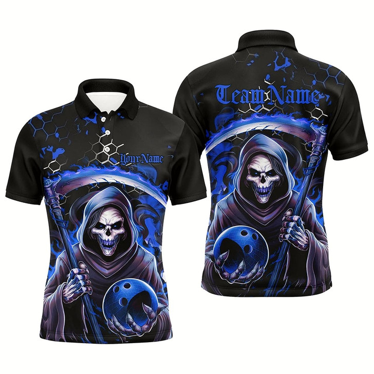 Goofygear Blue And Black Custom Grim Reaper Bowling Polo Shirts For Men, Halloween Skull Bowling Shirt Outfit