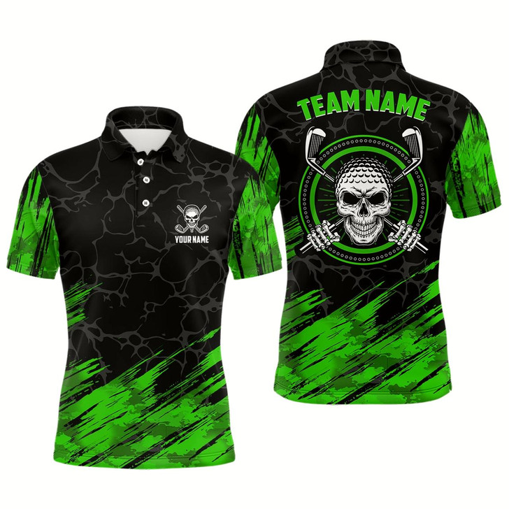 Goofygear Personalized 3D All Over Print Skull Mens Golf Polo Shirt, Green & Black Golf Shirts For Men
