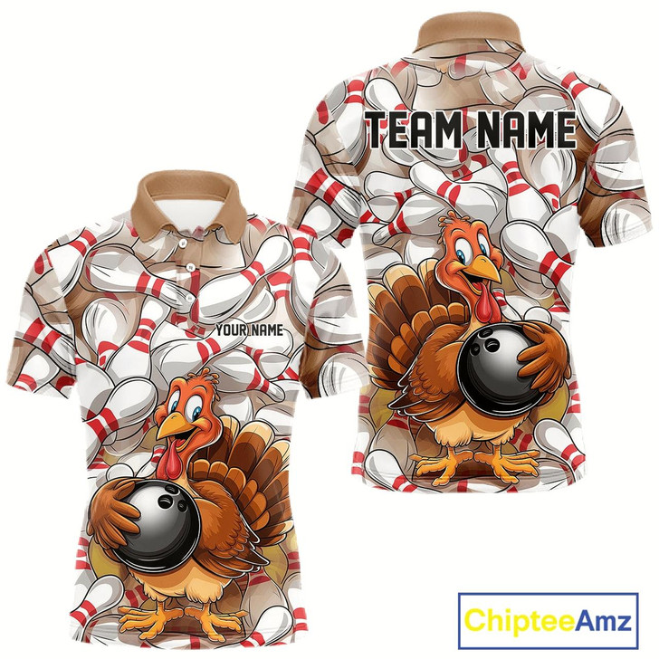 Goofygear Custom Funny Thanksgiving Turkey Bowling Polo Shirts For Men, Thanksgiving Bowlers Outfit