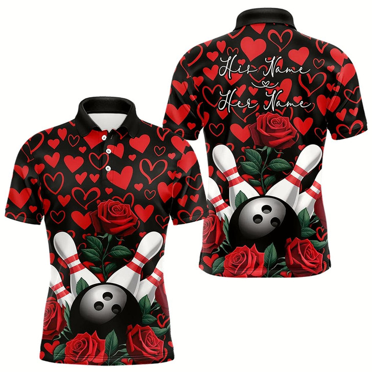 Goofygear Black And Red Heart Theme Custom Valentines Bowling Polo Shirt For Men, Couple Bowling Shirt Style 1