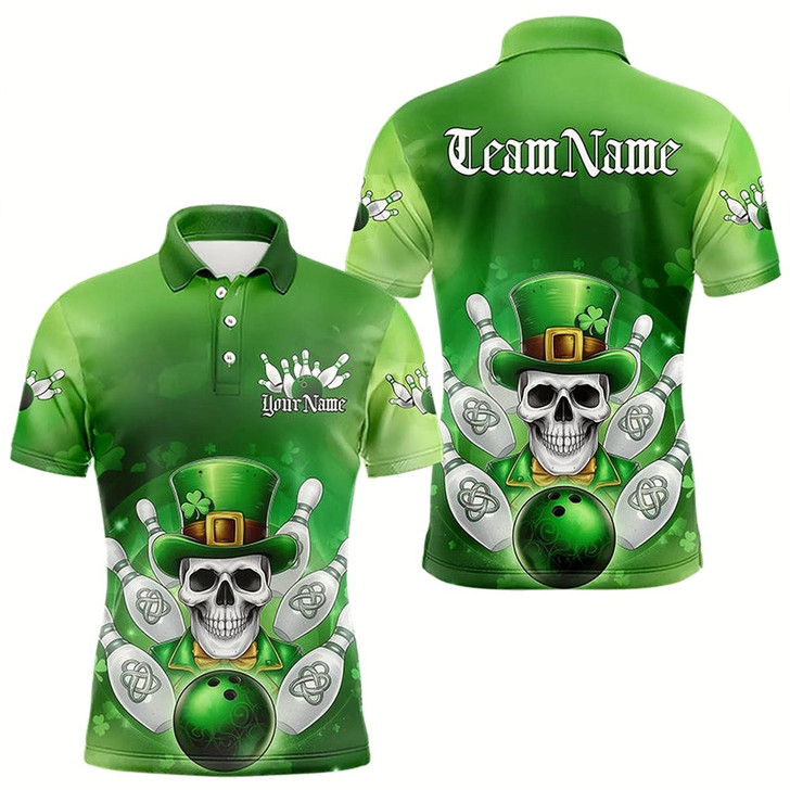 Goofygear Custom Celtic St Patricks Day Bowling Polo Team Shirts For Men, Shamprock Skull Bowling Shirt