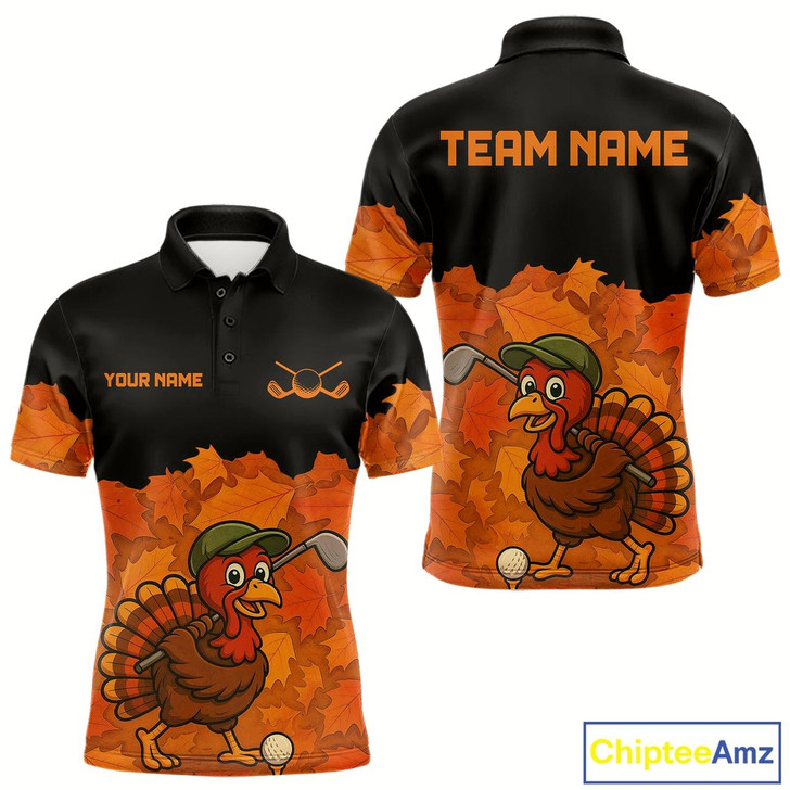 Goofygear Black And Orange Autumn Leaf Custom Turkey Golf Polo Shirt For Men, Thanksgiving Golf Attire Style 2
