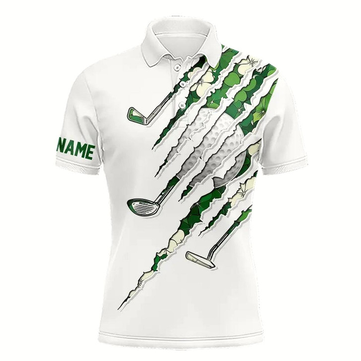 Goofygear Green Shamrock Pattern White Mens Golf Polo Shirt Custom Golf Clubs St Patrick Day Golf Attire For Men