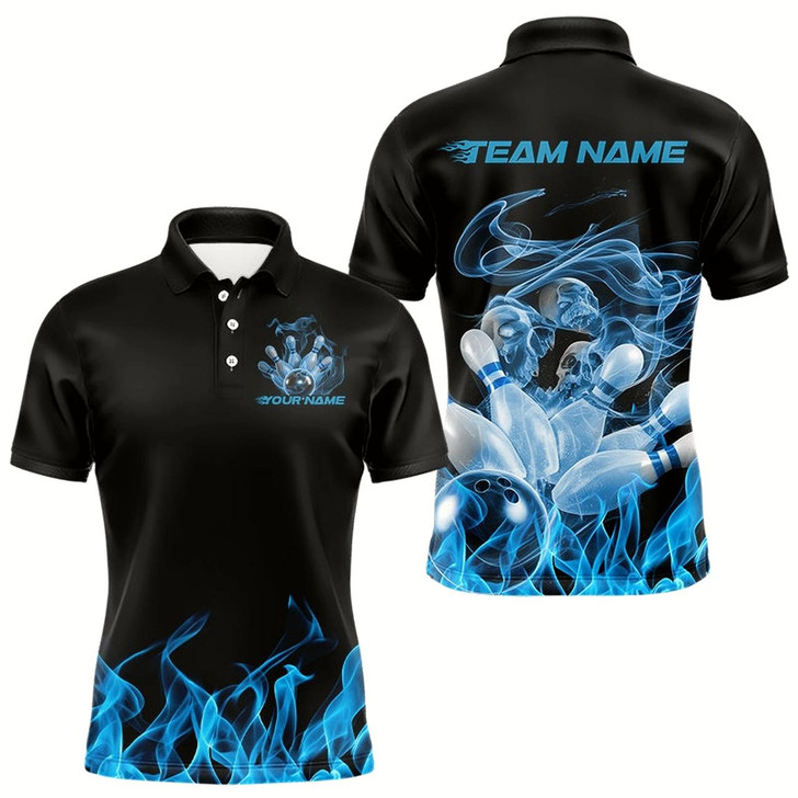 Goofygear Custom Black And Blue Flame Bowling Polo Shirts For Men, Blue Smoke Bowling Team Shirt
