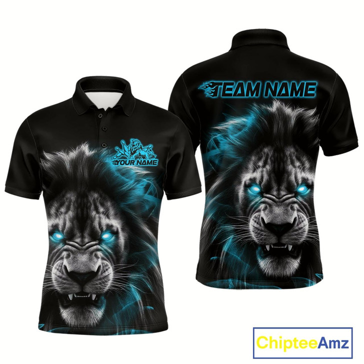 Goofygear Custom Black And Blue Lion Bowling Polo Team Shirts For Men, Lion Bowling Jerseys