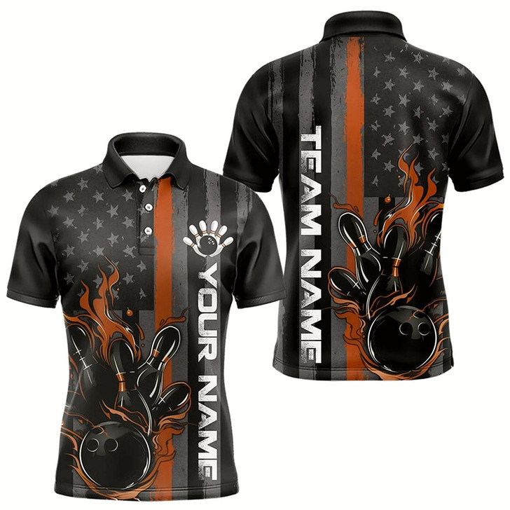 Goofygear Brown Line American Flag Custom Patriotic Flame Bowling Polo Shirts For Men, Us Bowling Shirt