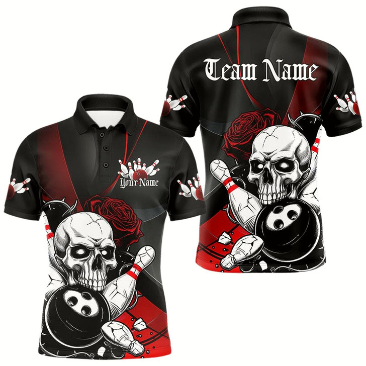 Goofygear Custom Black And Red Roses Skull Bowling Team Polo Shirts For Men, Skull Bowling Jerseys