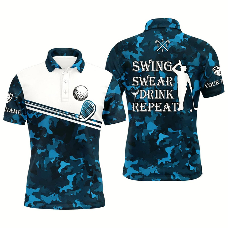 Goofygear Mens Golf Polo Shirt Swing Swear Drink Repeat Custom Name Cerulean Blue Camo White Men Golf Shirts
