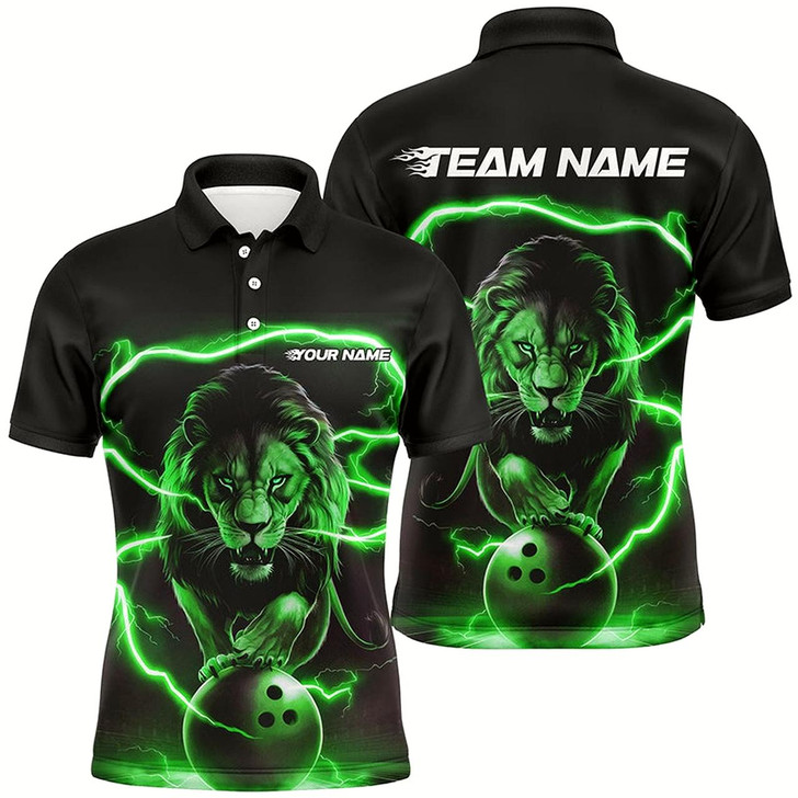 Goofygear Custom Lion Bowling Polo Shirts For Men, Personalized Bowling Shirts Bowling Uniform Green Style 1