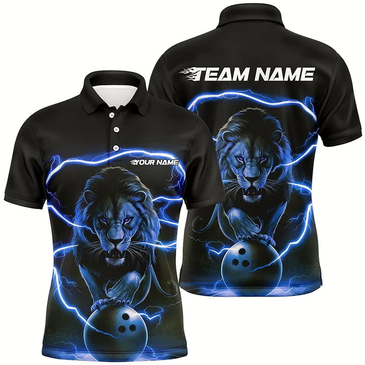 Goofygear Custom Lion Bowling Polo Shirts For Men, Personalized Bowling Shirts Bowling Uniform Blue Style 1