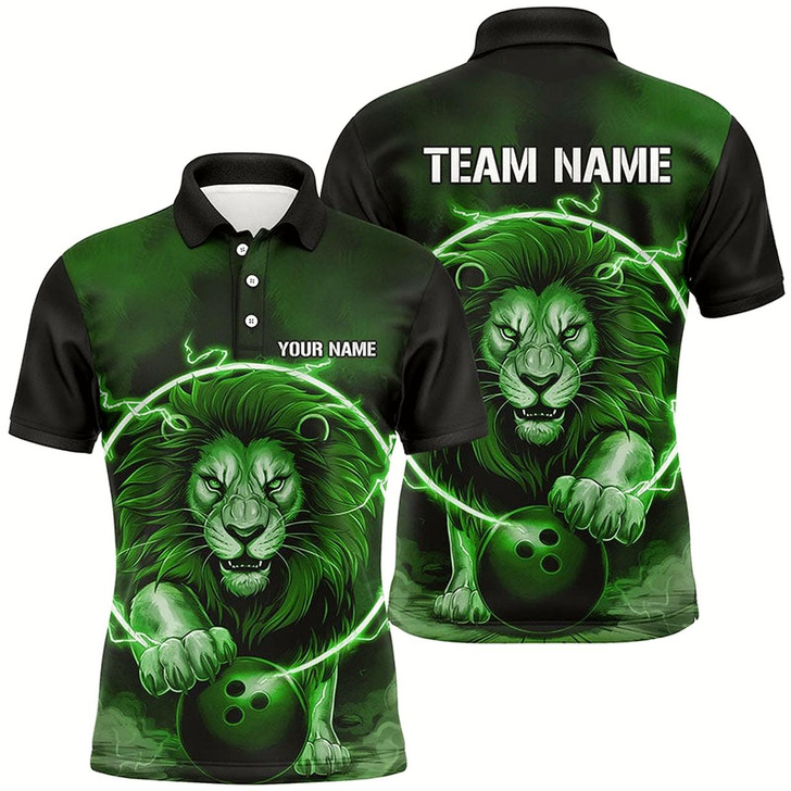 Goofygear Custom Lion Bowling Polo Shirts For Men, Personalized Bowling Shirts Bowling Uniform Green Style 2