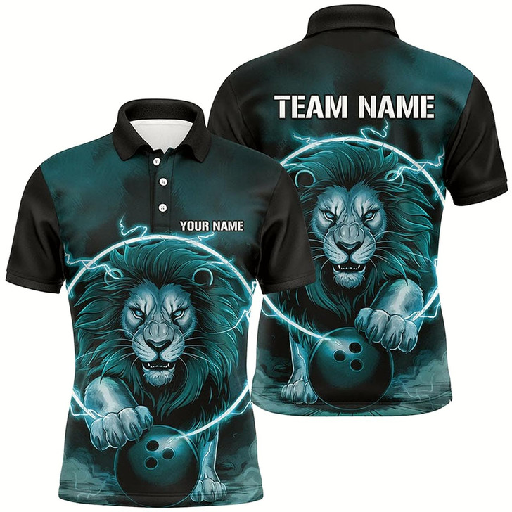 Goofygear Custom Lion Bowling Polo Shirts For Men, Personalized Bowling Shirts Bowling Uniform Blue Style 2