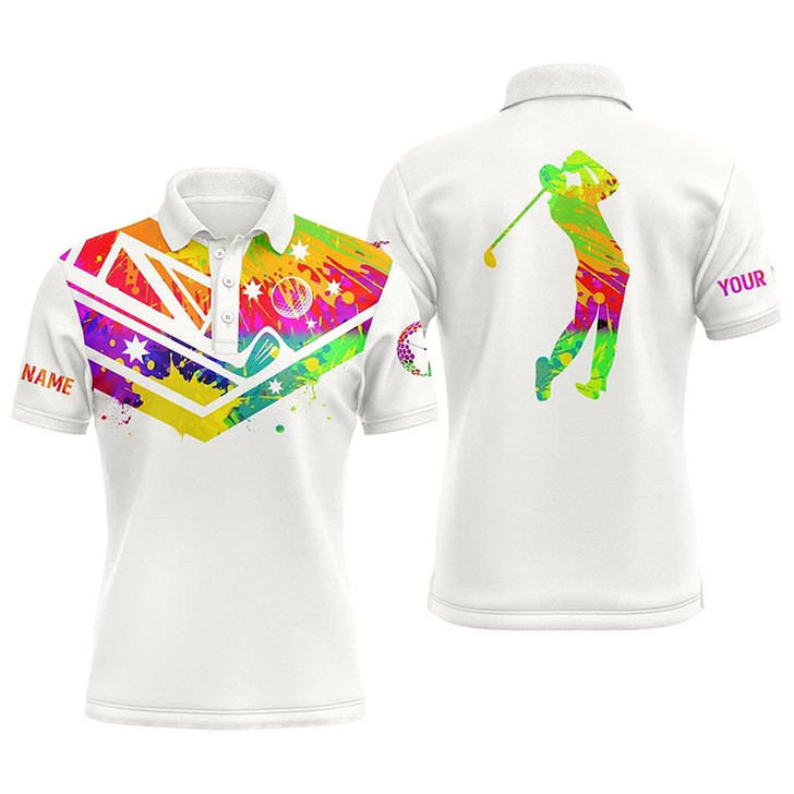 Goofygear Mens Golf Polo Shirts Watercolor Australia Flag Custom Name White Golf Shirt Style 2
