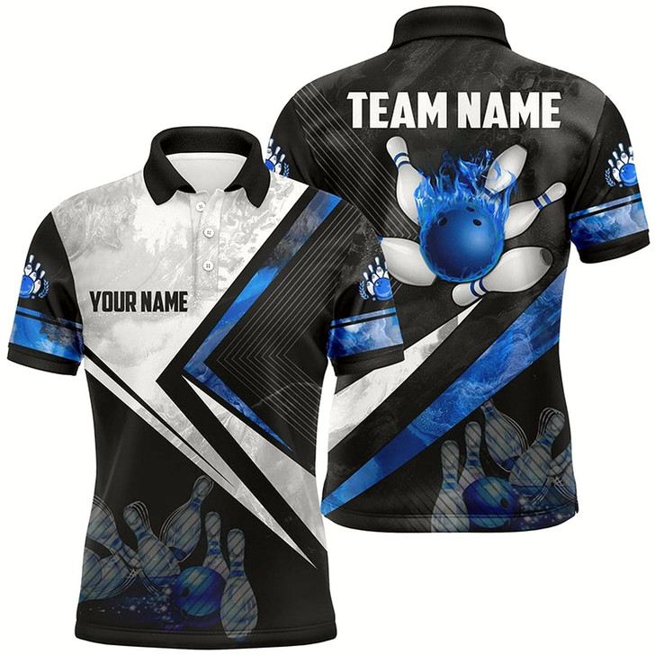 Goofygear Black And White Bowling Polo Shirt For Men Custom Bowling Ball Pins Team Bowler Jerseys Blue