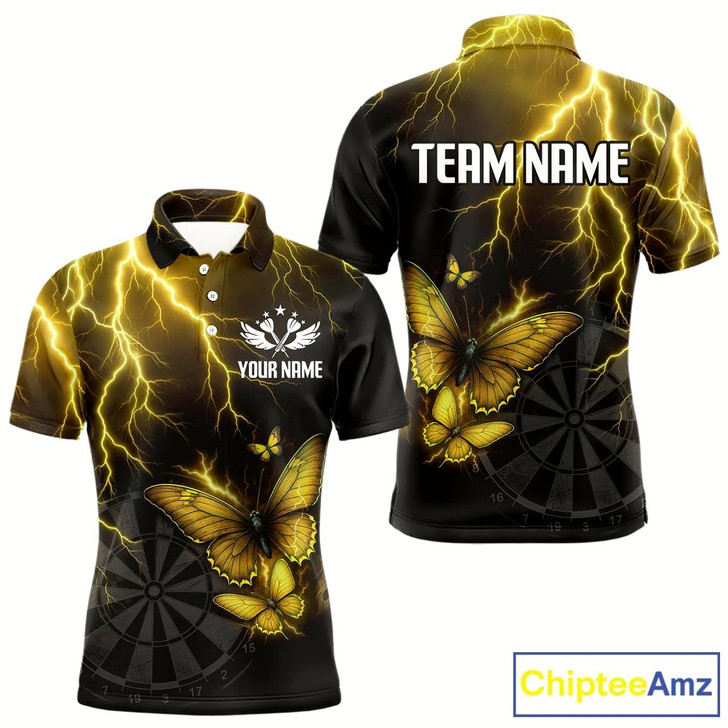 Goofygear Custom Men Polo Darts Shirt With Yellow Lightning & Glowing Butterfly, Darts Jersey Style 1