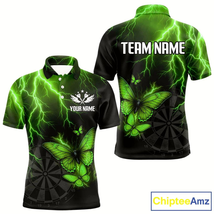 Goofygear Custom Men Polo Darts Shirt With Emerald Lightning & Glowing Butterfly, Darts Jersey