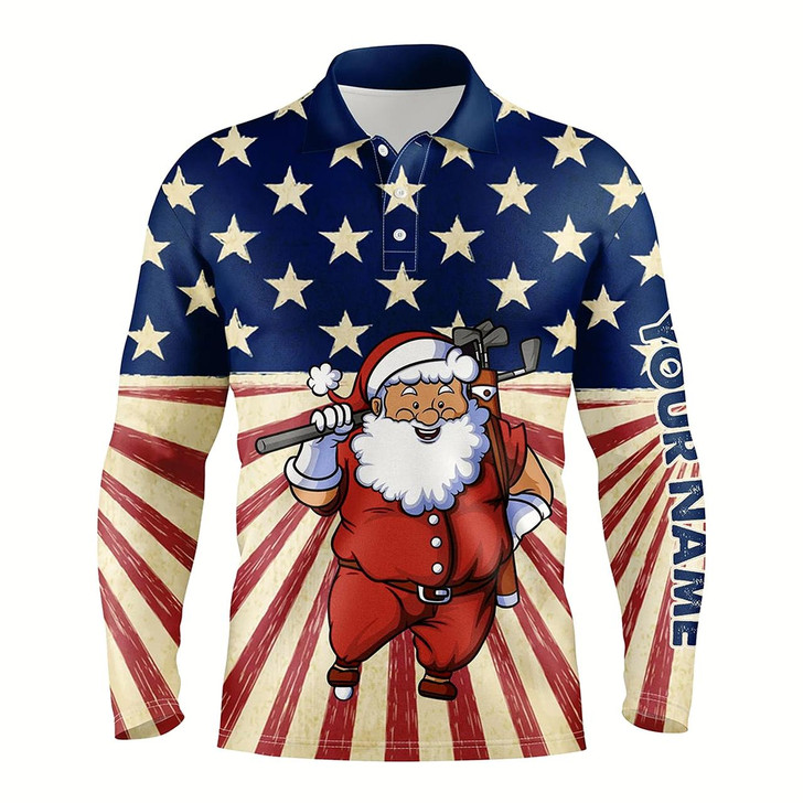 Goofygear Santa Christmas Vintage American Flag Mens Golf Polo Shirts Funny Golf Shirts For Men Golf Gifts