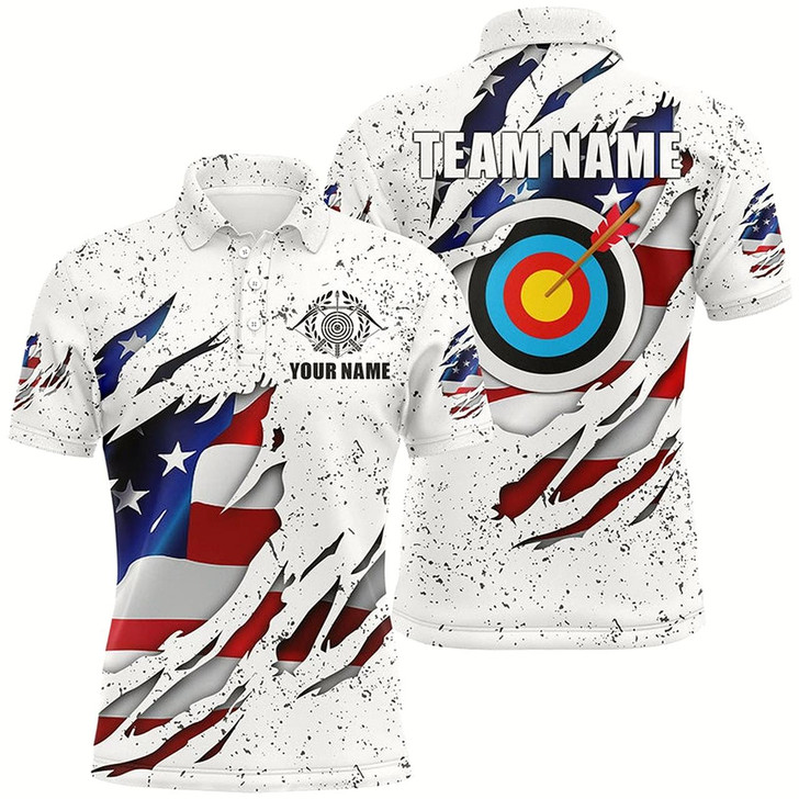 Goofygear Personalized White Grunge Us Flag Target Archery 3D Polo Shirts For Men, Custom Archery Team Shirts