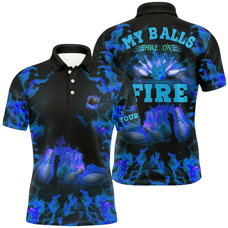 Goofygear Blue Flame Bowling Shirt Custom Name My Balls Are On Fire Bowling Polo Shirts For Men, Bowling Jerseys