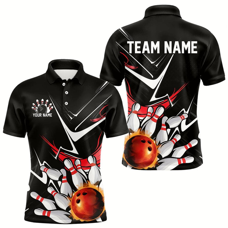 Goofygear Custom Black And Red Flame Bowling Polo Shirts For Men, Fire Bowling Team Uniform
