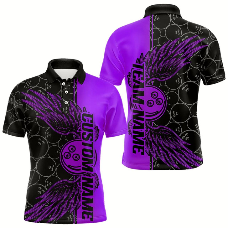 Goofygear Black And Purple Custom Bowling Ball And Wings Bowling Polo Shirts For Men, Team Uniform