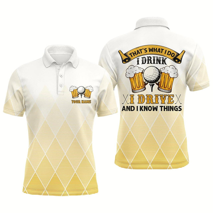 Goofygear I Drink I Drive And I Know Things Yellow Argyle Mens Golf Polo Shirts Beer Golf Shirts For Men