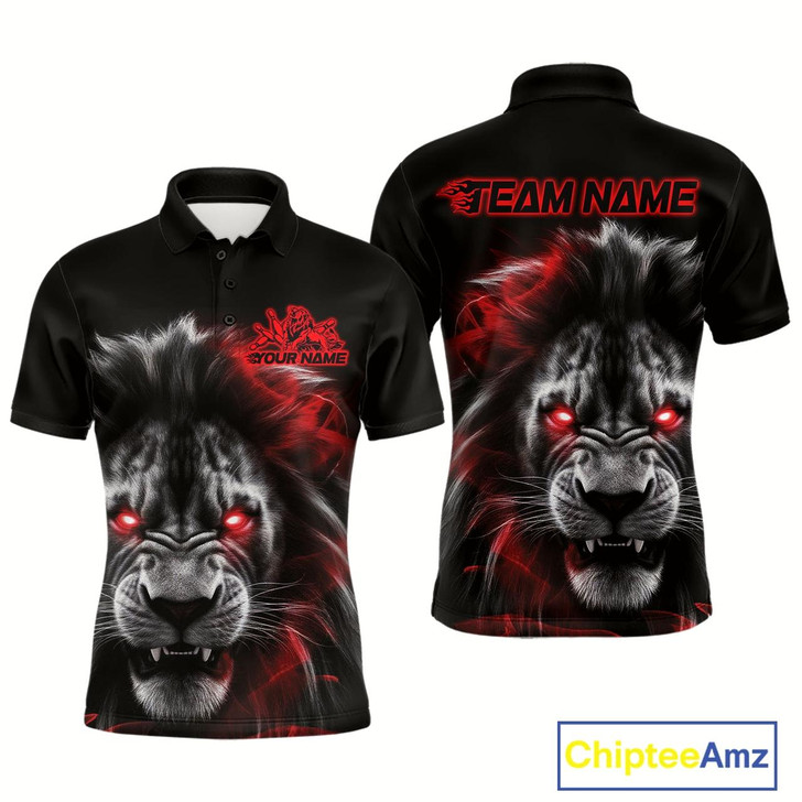 Goofygear Custom Black And Red Lion Bowling Polo Team Shirts For Men, Lion Bowling Jerseys